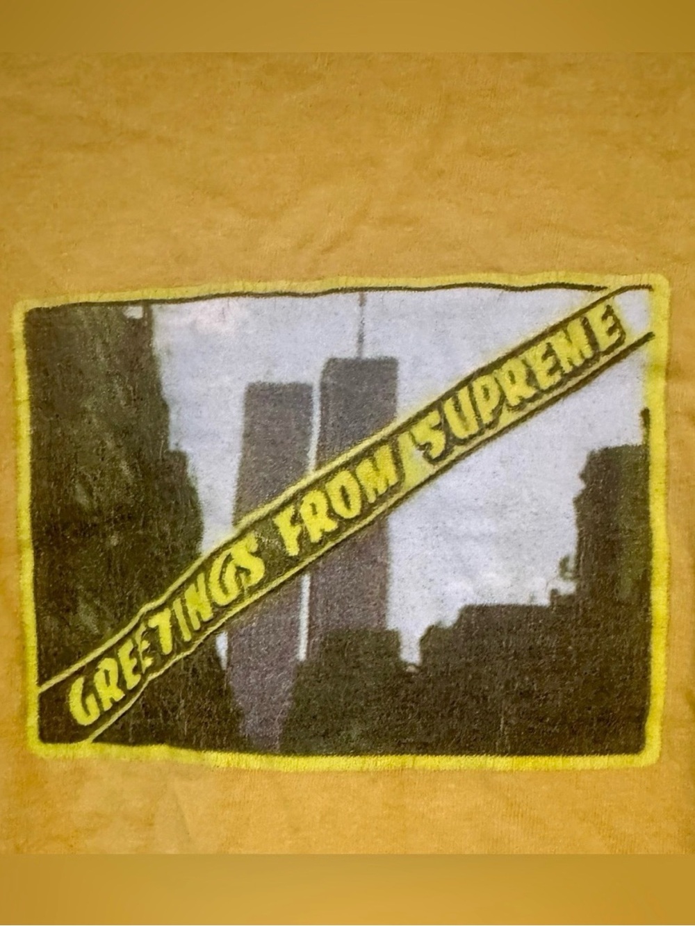 Supreme SS19 Greetings Twin Towers Tee Acid Yellow Men’s XL Made USA